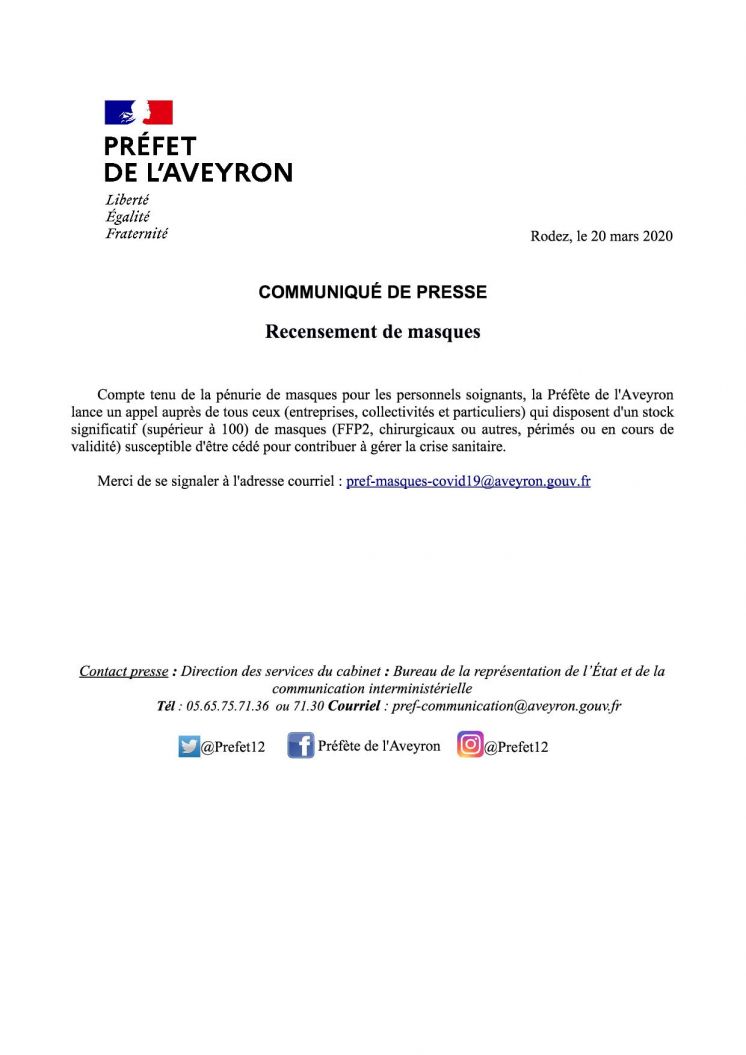 Information à la population : Covid19 dons de masques