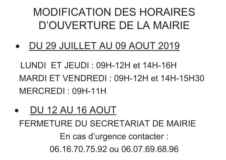 Horaires de la mairie p&eacute;riode estivale