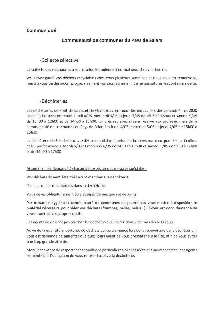 Réouverture des déchèteries et reprise de la collecte sélective