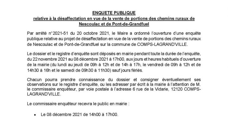 Information &agrave; la population : Avis d'enqu&ecirc;te publique