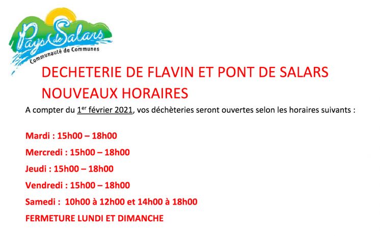 Modification horaires des d&eacute;ch&egrave;teries de Flavin et Pont de Salars